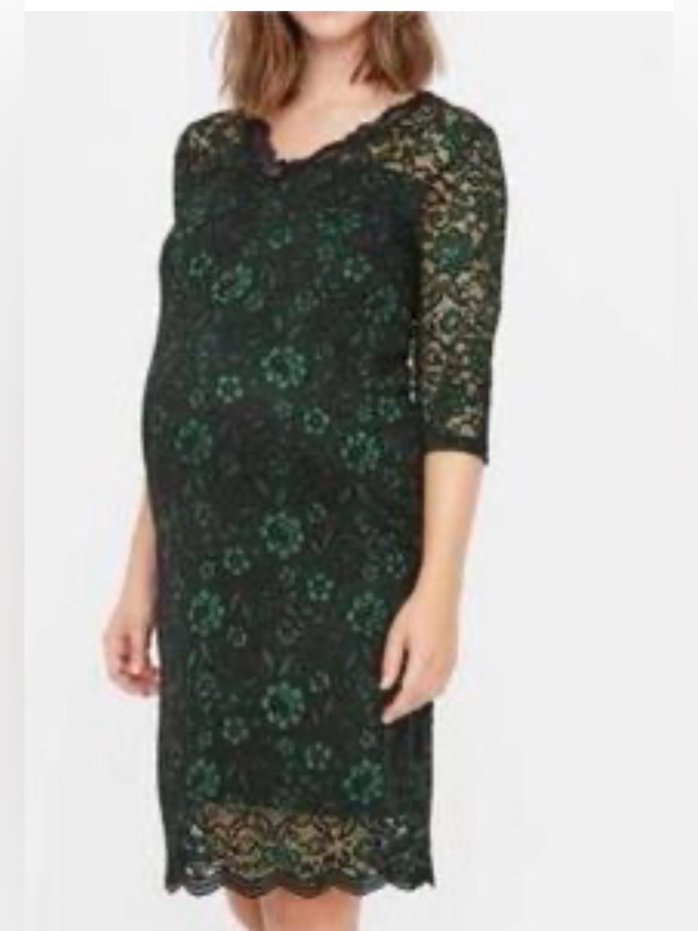 Mama Licious Jersey Lace Lined V-Neck Dress Dark Green Size M